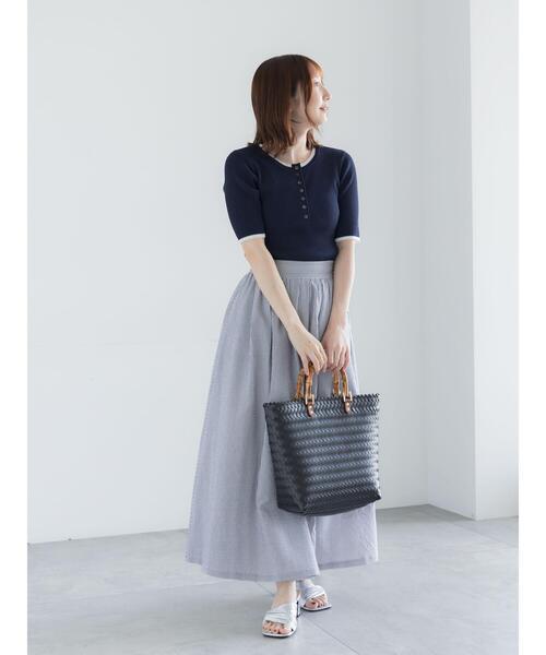 Te chichi(テチチ)の「【UVカット】ヘンリーネック5分袖配色リブニット(ニット/セーター・レディース・ネイビー/グレー/オフホワイト・F)」の8枚目の写真