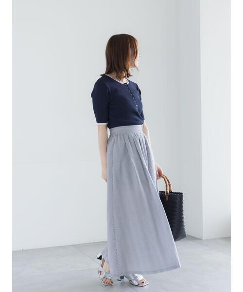 Te chichi(テチチ)の「【UVカット】ヘンリーネック5分袖配色リブニット(ニット/セーター・レディース・ネイビー/グレー/オフホワイト・F)」の9枚目の写真