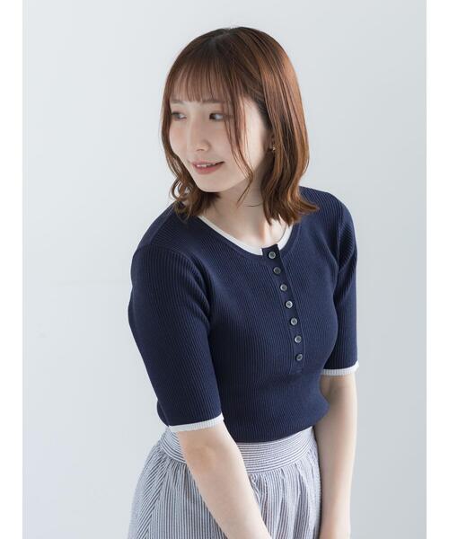 Te chichi(テチチ)の「【UVカット】ヘンリーネック5分袖配色リブニット(ニット/セーター・レディース・ネイビー/グレー/オフホワイト・F)」の10枚目の写真