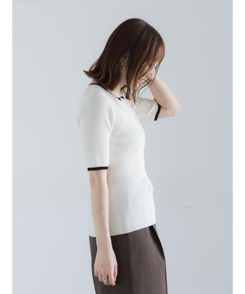 Te chichi(テチチ)の「【UVカット】ヘンリーネック5分袖配色リブニット(ニット/セーター・レディース・ネイビー/グレー/オフホワイト・F)」の15枚目の写真