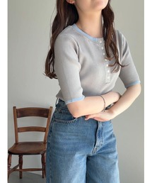 【UVカット】ヘンリーネック5分袖配色リブニット