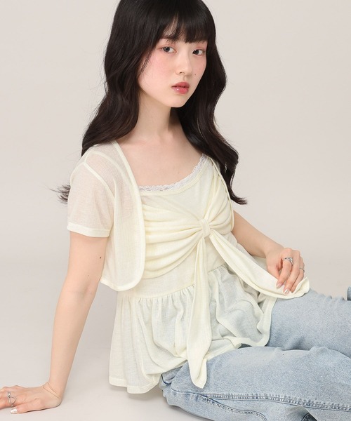 Heather(ヘザー)の「リボンカットキャミソール/カーディガン2P 1045821(アンサンブル・レディース・アイボリー/ブラウン/ピンク・FREE)」の2枚目の写真