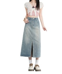 高腰 フロントスリット Aラインデニムスカート