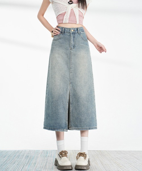AMAJI（アマジ）の「高腰 フロントスリット Aラインデニムスカート（スカート・レディース・ライトブルー・SMALL/MEDIUM/LARGE/X-LARGE）」の3枚目の写真