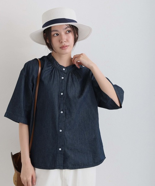 ElegChic(エレグシック)の「エアリーデニムスタンドカラーシャツ(シャツ/ブラウス・レディース・ネイビー/ネイビー系・4L/XL/M)」の7枚目の写真