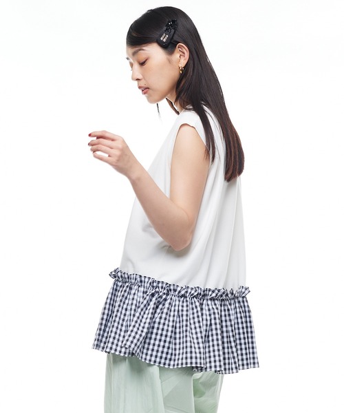 Narcissus（ナルシス）の「【Narcissus】ノースリーブフリルトップス ギンガムチェック ペプラム カットソー（Tシャツ/カットソー・レディース・ホワイト/ブラック・FREE）」の9枚目の写真