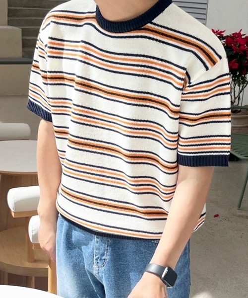 NOWLE(ノウル)の「【NOWLE】マルチボーダー メッシュ サマーニット 半袖 Tシャツ / クルーネック リラックス トップス(ニット/セーター・メンズ・オレンジ系/ブルー系・X-LARGE/LARGE/MEDIUM)」の3枚目の写真