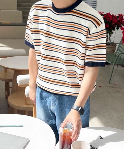 NOWLE(ノウル)の「【NOWLE】マルチボーダー メッシュ サマーニット 半袖 Tシャツ / クルーネック リラックス トップス(ニット/セーター・メンズ・オレンジ系/ブルー系・X-LARGE/LARGE/MEDIUM)」の5枚目の写真