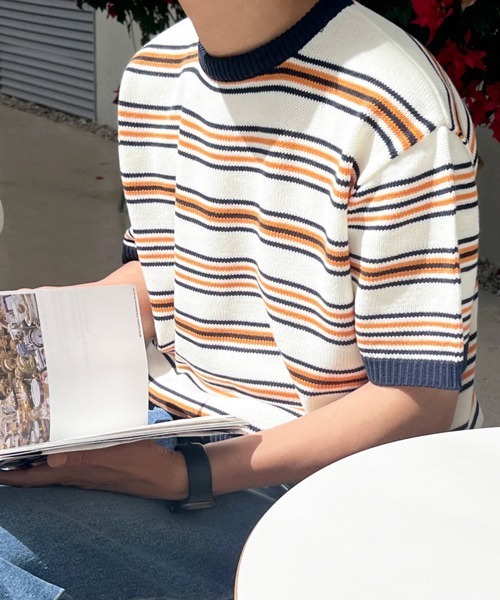 NOWLE(ノウル)の「【NOWLE】マルチボーダー メッシュ サマーニット 半袖 Tシャツ / クルーネック リラックス トップス(ニット/セーター・メンズ・オレンジ系/ブルー系・X-LARGE/LARGE/MEDIUM)」の6枚目の写真
