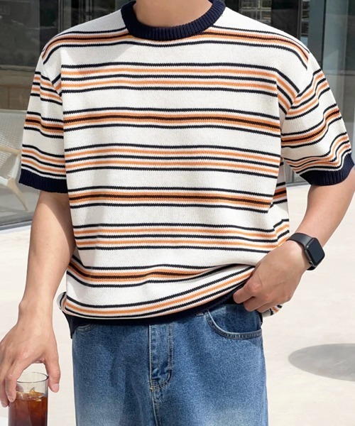 NOWLE(ノウル)の「【NOWLE】マルチボーダー メッシュ サマーニット 半袖 Tシャツ / クルーネック リラックス トップス(ニット/セーター・メンズ・オレンジ系/ブルー系・X-LARGE/LARGE/MEDIUM)」の7枚目の写真
