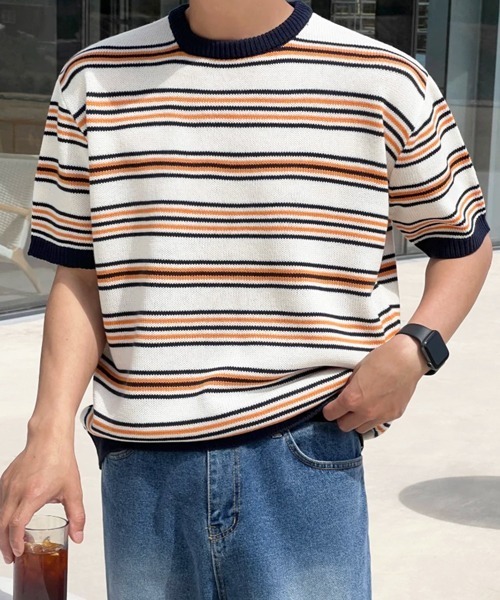 NOWLE(ノウル)の「【NOWLE】マルチボーダー メッシュ サマーニット 半袖 Tシャツ / クルーネック リラックス トップス(ニット/セーター・メンズ・オレンジ系/ブルー系・X-LARGE/LARGE/MEDIUM)」の8枚目の写真
