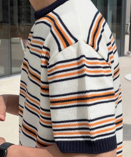 NOWLE(ノウル)の「【NOWLE】マルチボーダー メッシュ サマーニット 半袖 Tシャツ / クルーネック リラックス トップス(ニット/セーター・メンズ・オレンジ系/ブルー系・X-LARGE/LARGE/MEDIUM)」の18枚目の写真