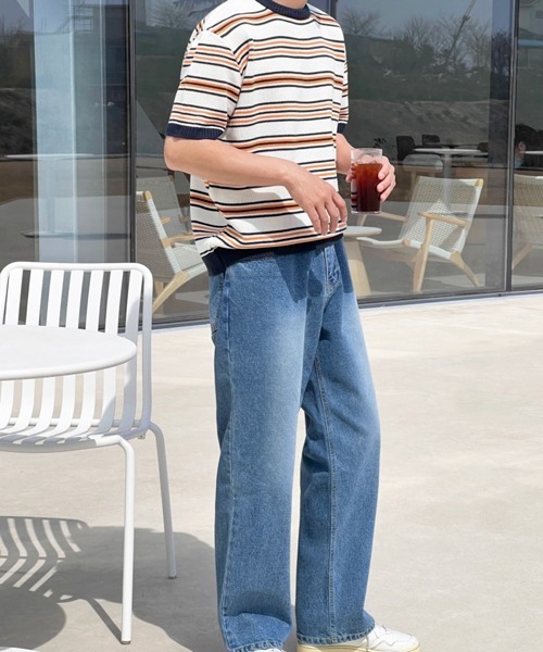 NOWLE(ノウル)の「【NOWLE】マルチボーダー メッシュ サマーニット 半袖 Tシャツ / クルーネック リラックス トップス(ニット/セーター・メンズ・オレンジ系/ブルー系・X-LARGE/LARGE/MEDIUM)」の9枚目の写真