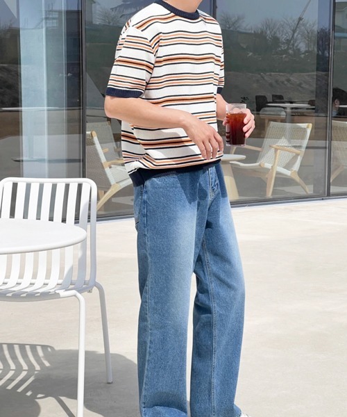 NOWLE(ノウル)の「【NOWLE】マルチボーダー メッシュ サマーニット 半袖 Tシャツ / クルーネック リラックス トップス(ニット/セーター・メンズ・オレンジ系/ブルー系・X-LARGE/LARGE/MEDIUM)」の10枚目の写真