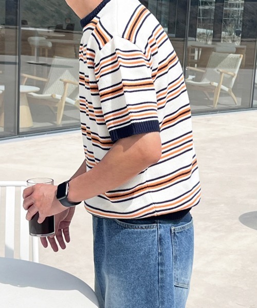 NOWLE(ノウル)の「【NOWLE】マルチボーダー メッシュ サマーニット 半袖 Tシャツ / クルーネック リラックス トップス(ニット/セーター・メンズ・オレンジ系/ブルー系・X-LARGE/LARGE/MEDIUM)」の17枚目の写真