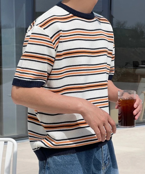NOWLE(ノウル)の「【NOWLE】マルチボーダー メッシュ サマーニット 半袖 Tシャツ / クルーネック リラックス トップス(ニット/セーター・メンズ・オレンジ系/ブルー系・X-LARGE/LARGE/MEDIUM)」の12枚目の写真