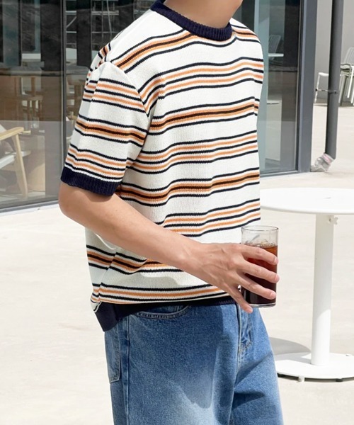 NOWLE(ノウル)の「【NOWLE】マルチボーダー メッシュ サマーニット 半袖 Tシャツ / クルーネック リラックス トップス(ニット/セーター・メンズ・オレンジ系/ブルー系・X-LARGE/LARGE/MEDIUM)」の13枚目の写真