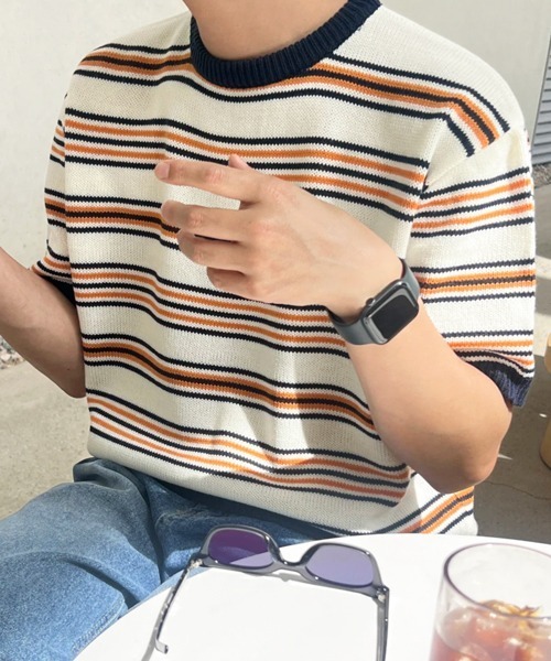 NOWLE(ノウル)の「【NOWLE】マルチボーダー メッシュ サマーニット 半袖 Tシャツ / クルーネック リラックス トップス(ニット/セーター・メンズ・オレンジ系/ブルー系・X-LARGE/LARGE/MEDIUM)」の14枚目の写真