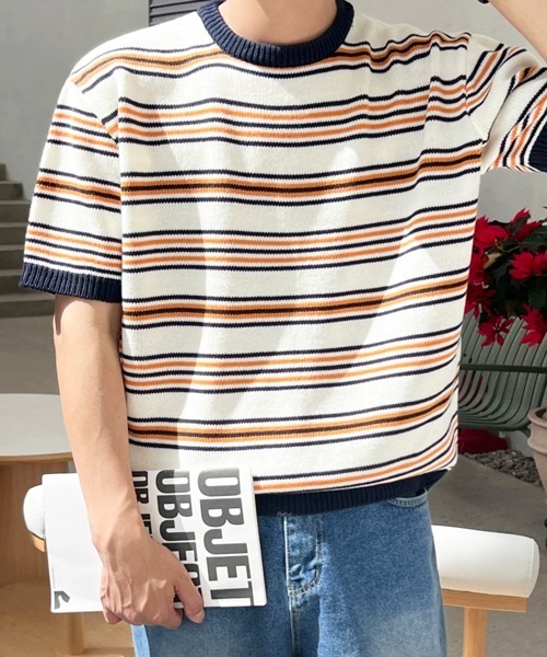NOWLE(ノウル)の「【NOWLE】マルチボーダー メッシュ サマーニット 半袖 Tシャツ / クルーネック リラックス トップス(ニット/セーター・メンズ・オレンジ系/ブルー系・X-LARGE/LARGE/MEDIUM)」の15枚目の写真