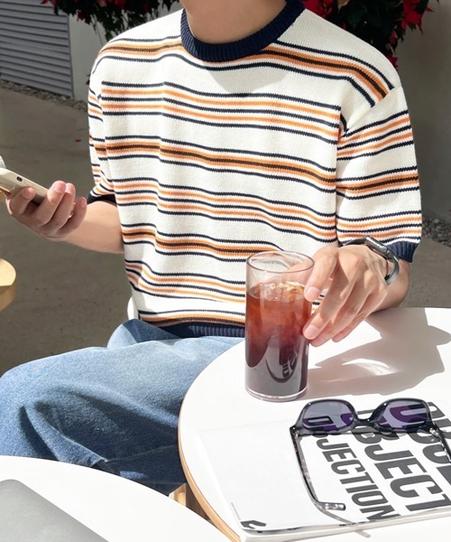 NOWLE(ノウル)の「【NOWLE】マルチボーダー メッシュ サマーニット 半袖 Tシャツ / クルーネック リラックス トップス(ニット/セーター・メンズ・オレンジ系/ブルー系・X-LARGE/LARGE/MEDIUM)」の16枚目の写真