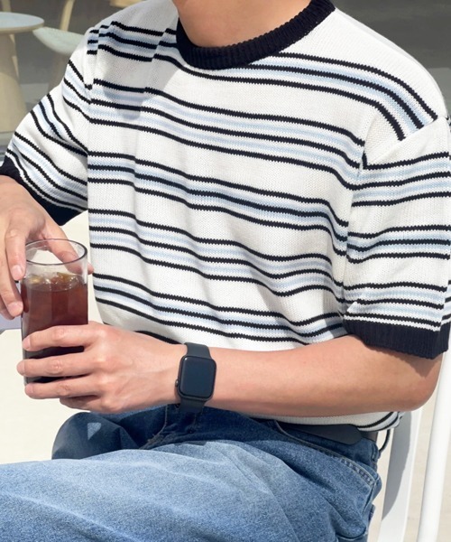 NOWLE(ノウル)の「【NOWLE】マルチボーダー メッシュ サマーニット 半袖 Tシャツ / クルーネック リラックス トップス(ニット/セーター・メンズ・オレンジ系/ブルー系・X-LARGE/LARGE/MEDIUM)」の20枚目の写真