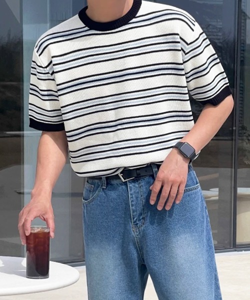 NOWLE(ノウル)の「【NOWLE】マルチボーダー メッシュ サマーニット 半袖 Tシャツ / クルーネック リラックス トップス(ニット/セーター・メンズ・オレンジ系/ブルー系・X-LARGE/LARGE/MEDIUM)」の21枚目の写真