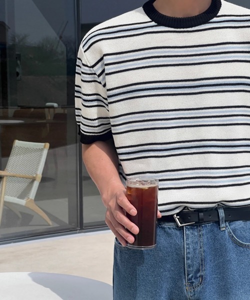 NOWLE(ノウル)の「【NOWLE】マルチボーダー メッシュ サマーニット 半袖 Tシャツ / クルーネック リラックス トップス(ニット/セーター・メンズ・オレンジ系/ブルー系・X-LARGE/LARGE/MEDIUM)」の22枚目の写真