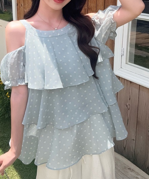 FLINEA(フリネア)の「ドット柄ティアードオフショルダートップス(シャツ/ブラウス・レディース・ベージュ/グリーン・FREE)」の18枚目の写真