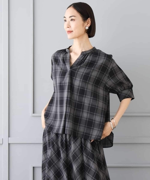 MICHEL KLEIN（ミッシェル・クラン）の「[セットアップ対応]シアーチェックフレアブラウス（シャツ/ブラウス・レディース・ブラック・38）」の14枚目の写真