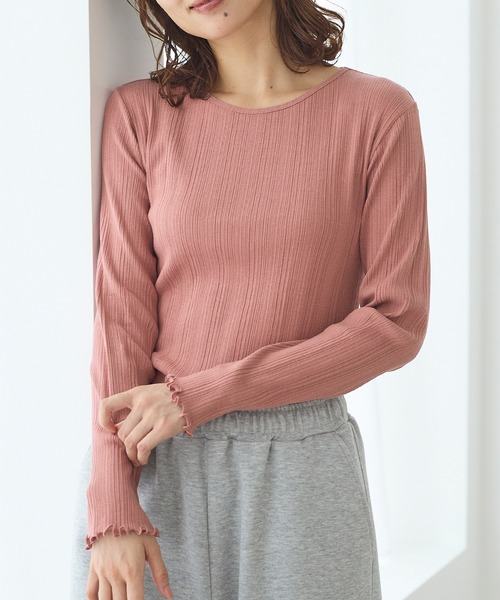 Honeys(ハニーズ)の「メロー使いテレコT(Tシャツ/カットソー・レディース・オレンジ/レッド/ピンク/カーキ/オフホワイト/ベージュ/ブラック・L/LL/M/S)」の5枚目の写真