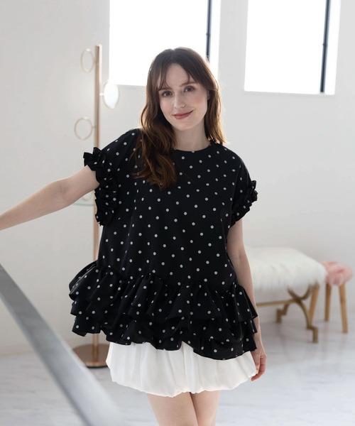 M y u(ミュー)の「CREAMボリュームフリブラウス(Tシャツ/カットソー・レディース・ホワイト/ホワイト×ブラック/ブラック×ホワイト・FREE)」の10枚目の写真