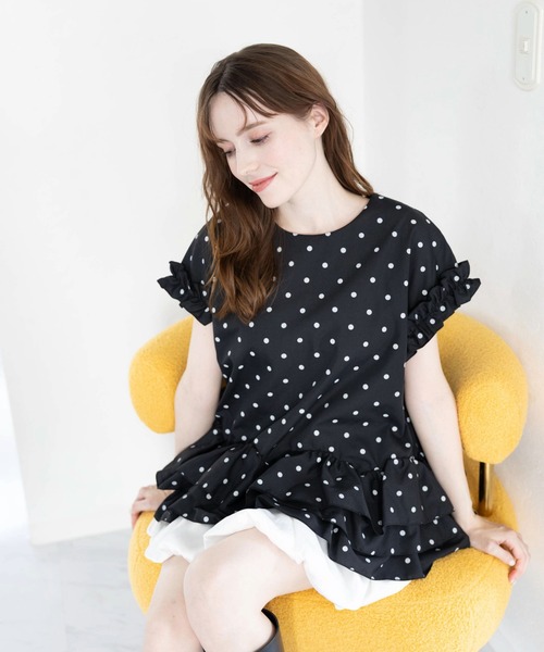 M y u(ミュー)の「CREAMボリュームフリブラウス(Tシャツ/カットソー・レディース・ホワイト/ホワイト×ブラック/ブラック×ホワイト・FREE)」の9枚目の写真