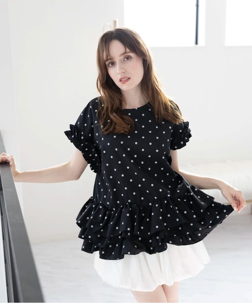 M y u(ミュー)の「CREAMボリュームフリブラウス(Tシャツ/カットソー・レディース・ホワイト/ホワイト×ブラック/ブラック×ホワイト・FREE)」の11枚目の写真