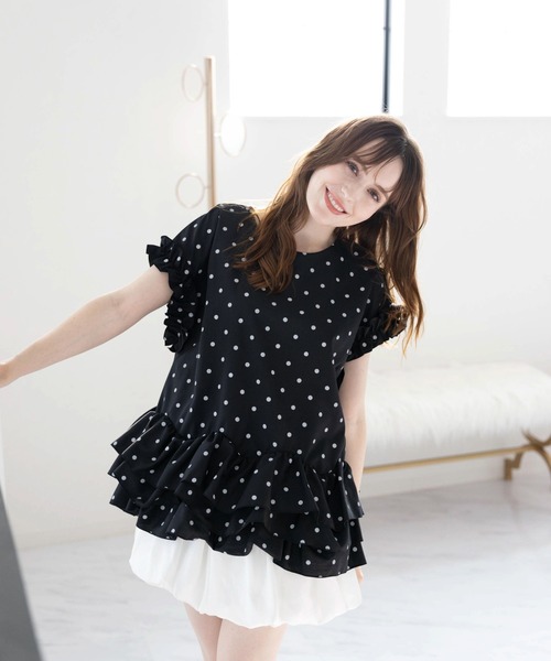 M y u(ミュー)の「CREAMボリュームフリブラウス(Tシャツ/カットソー・レディース・ホワイト/ホワイト×ブラック/ブラック×ホワイト・FREE)」の12枚目の写真
