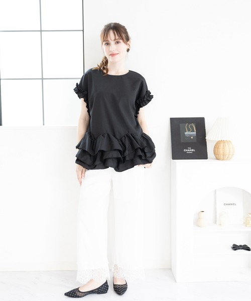 M y u(ミュー)の「CREAMボリュームフリブラウス(Tシャツ/カットソー・レディース・ホワイト/ホワイト×ブラック/ブラック×ホワイト・FREE)」の19枚目の写真