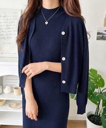 Vネックカーディガン×リブニットワンピースセット