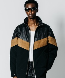 HYBRID ZIP-UP STAND COLLAR JACKET FAKE SUEDE PANEL