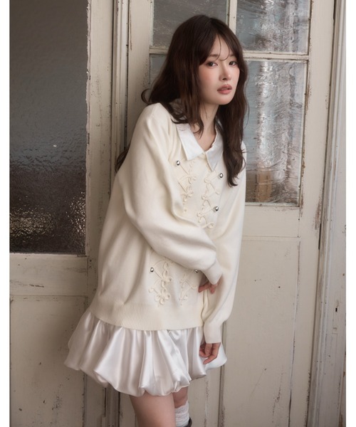mellowneon(メロウネオン)の「2wayサテンシャツレイヤードナポレオンニットワンピース(ワンピース・レディース・アイボリー/グレー/ブラウン・FREE)」の6枚目の写真