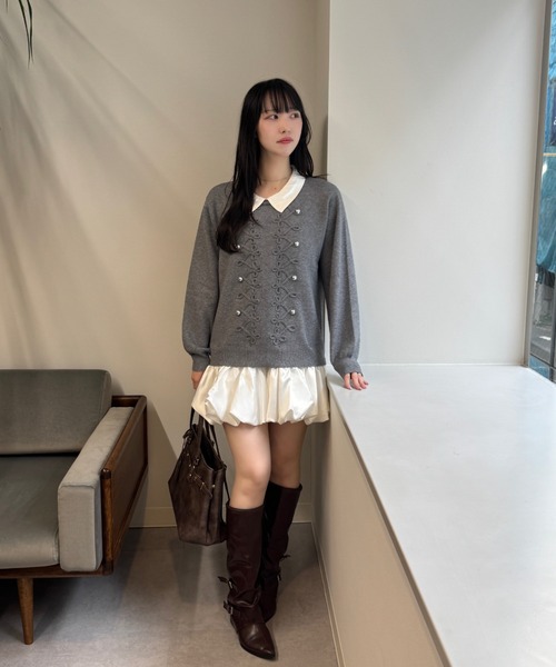 mellowneon(メロウネオン)の「2wayサテンシャツレイヤードナポレオンニットワンピース(ワンピース・レディース・アイボリー/グレー/ブラウン・FREE)」の7枚目の写真