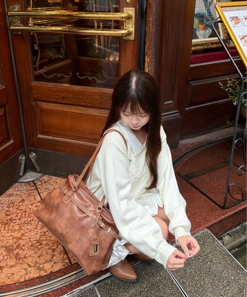 mellowneon(メロウネオン)の「2wayサテンシャツレイヤードナポレオンニットワンピース(ワンピース・レディース・アイボリー/グレー/ブラウン・FREE)」の12枚目の写真