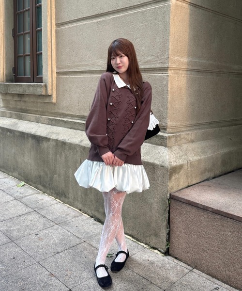 mellowneon(メロウネオン)の「2wayサテンシャツレイヤードナポレオンニットワンピース(ワンピース・レディース・アイボリー/グレー/ブラウン・FREE)」の22枚目の写真