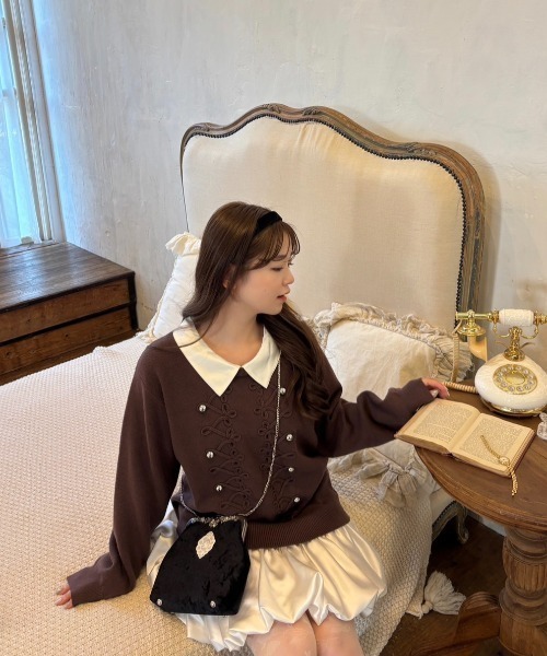 mellowneon(メロウネオン)の「2wayサテンシャツレイヤードナポレオンニットワンピース(ワンピース・レディース・アイボリー/グレー/ブラウン・FREE)」の16枚目の写真