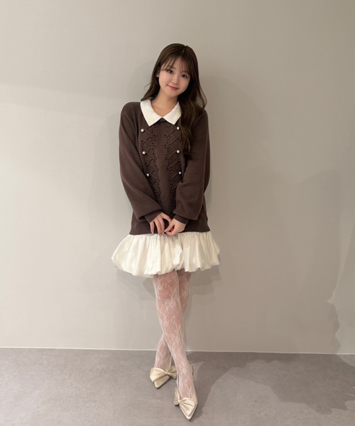 mellowneon(メロウネオン)の「2wayサテンシャツレイヤードナポレオンニットワンピース(ワンピース・レディース・アイボリー/グレー/ブラウン・FREE)」の21枚目の写真