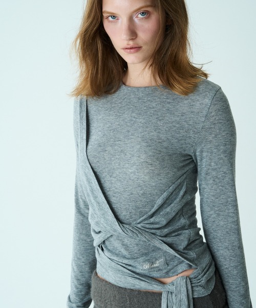 Mardi Mercredi(マルディメクルディ)の「TOP TIE DETAIL / トップ タイ ディテール(Tシャツ/カットソー・レディース・グレー/ブラック・FREE)」の1枚目の写真