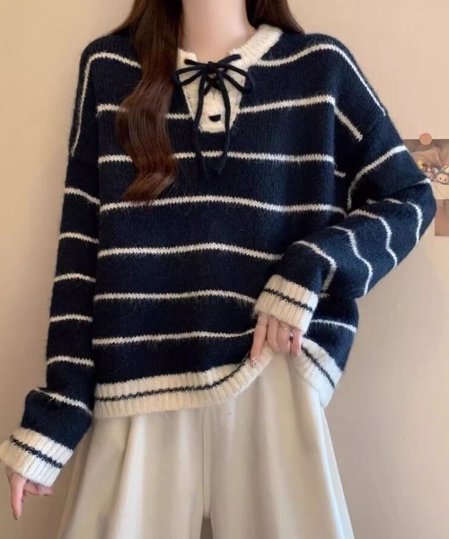 Beststore(ベストストア)の「フレンチガーリー♡ ボーダー柄 レースアップニット セーター プルオーバー 秋冬 厚手(全3色)(ニット/セーター・レディース・ネイビー/ブラウン/アイボリー・FREE)」の3枚目の写真