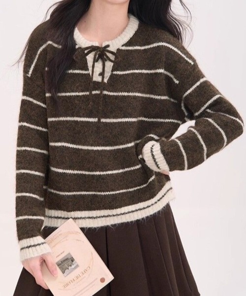 Beststore(ベストストア)の「フレンチガーリー♡ ボーダー柄 レースアップニット セーター プルオーバー 秋冬 厚手(全3色)(ニット/セーター・レディース・ネイビー/ブラウン/アイボリー・FREE)」の2枚目の写真