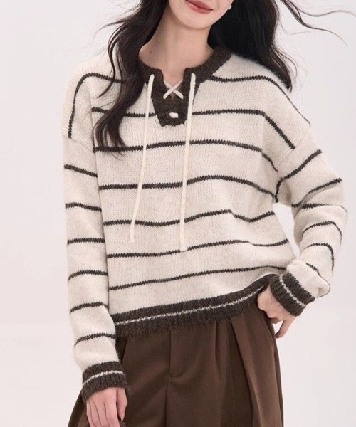Beststore(ベストストア)の「フレンチガーリー♡ ボーダー柄 レースアップニット セーター プルオーバー 秋冬 厚手(全3色)(ニット/セーター・レディース・ネイビー/ブラウン/アイボリー・FREE)」の1枚目の写真