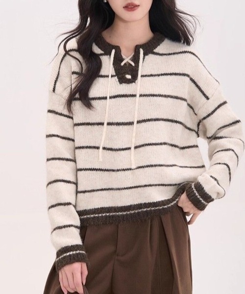 Beststore(ベストストア)の「フレンチガーリー♡ ボーダー柄 レースアップニット セーター プルオーバー 秋冬 厚手(全3色)(ニット/セーター・レディース・ネイビー/ブラウン/アイボリー・FREE)」の4枚目の写真