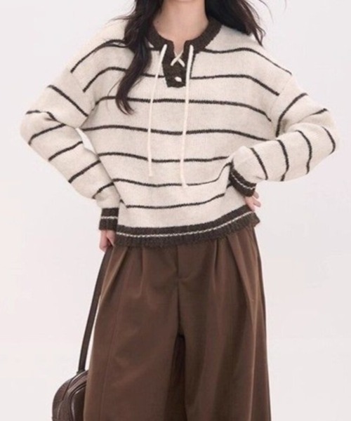 Beststore(ベストストア)の「フレンチガーリー♡ ボーダー柄 レースアップニット セーター プルオーバー 秋冬 厚手(全3色)(ニット/セーター・レディース・ネイビー/ブラウン/アイボリー・FREE)」の5枚目の写真