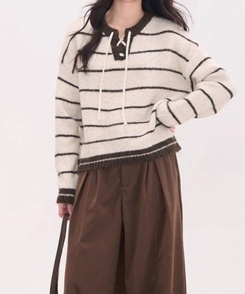 Beststore(ベストストア)の「フレンチガーリー♡ ボーダー柄 レースアップニット セーター プルオーバー 秋冬 厚手(全3色)(ニット/セーター・レディース・ネイビー/ブラウン/アイボリー・FREE)」の6枚目の写真